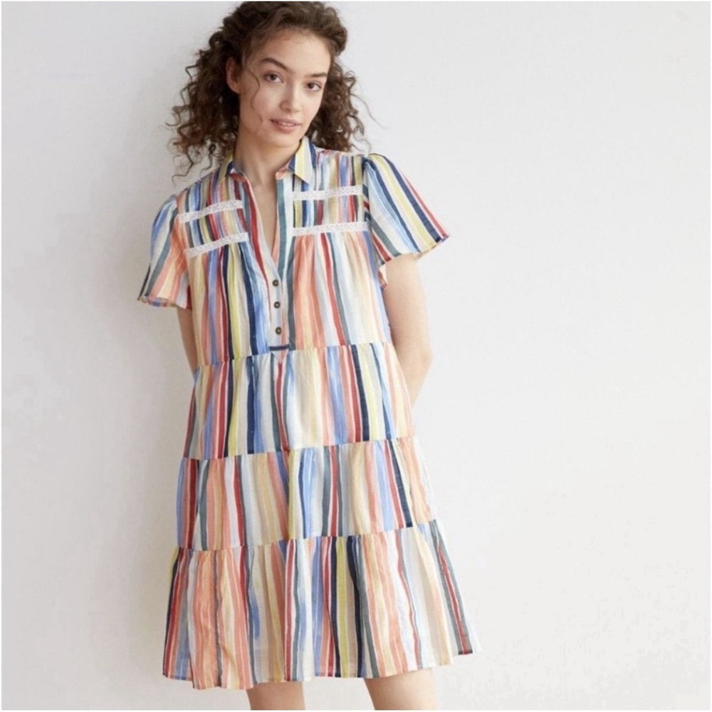 Anthropologie Georgina Tiered Shirtdress Sz L Rainbow Stripe Cotton Colorful